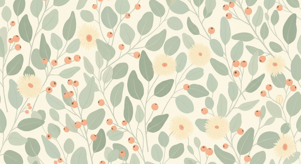 Kids-Mundo flat artwork preview of the sage botanical leaf and berry pattern wall mural design