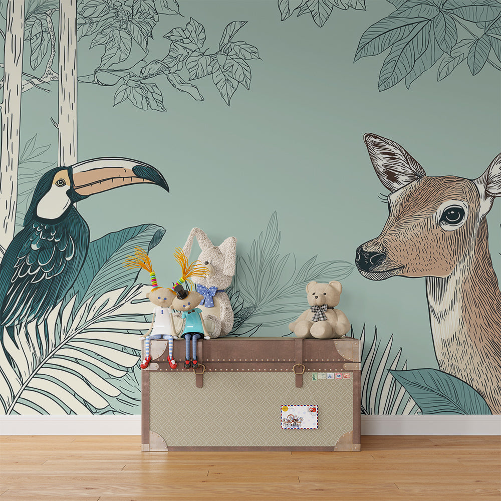 Kids-Mundo sage forest wall mural with a deer and toucan in a kids bedroom