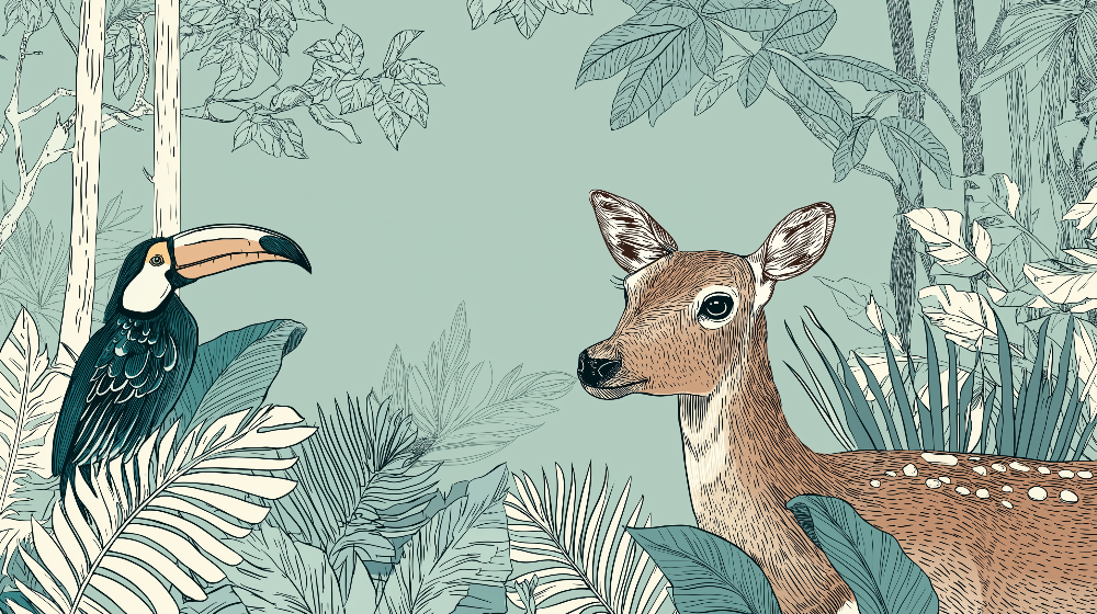 Sage Forest Deer and Toucan Wall Mural