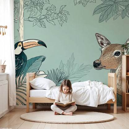 Kids-Mundo sage deer and toucan wall mural styled behind a cot in a green nursery