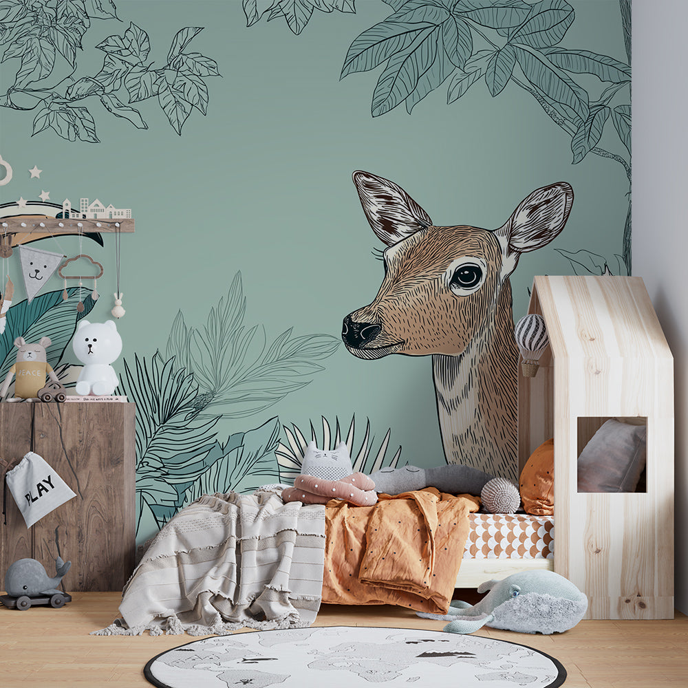 Kids-Mundo deer and toucan forest wall mural brightening a children's playroom