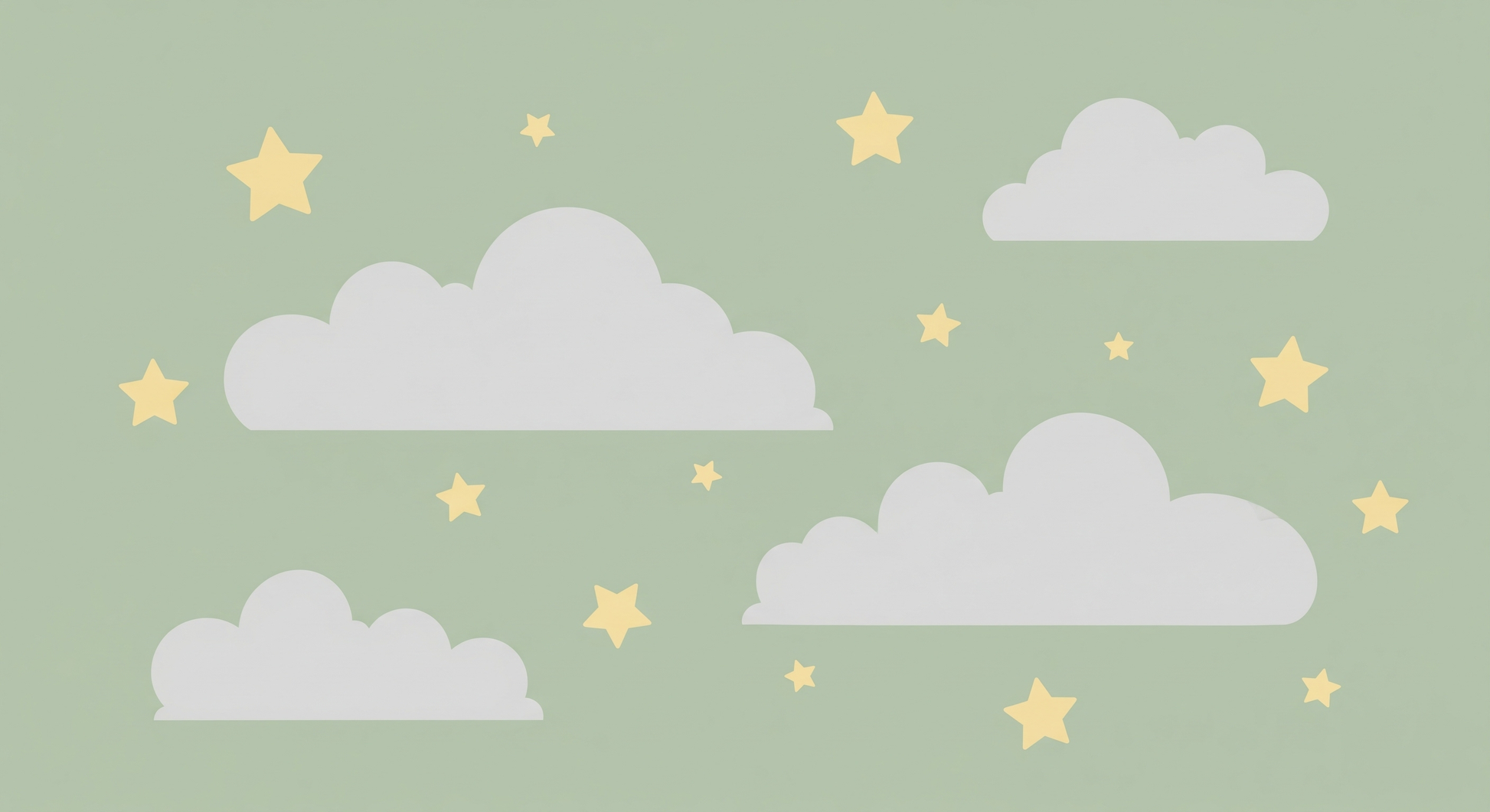Kids-Mundo flat artwork of the sage green clouds and gold stars wall mural design