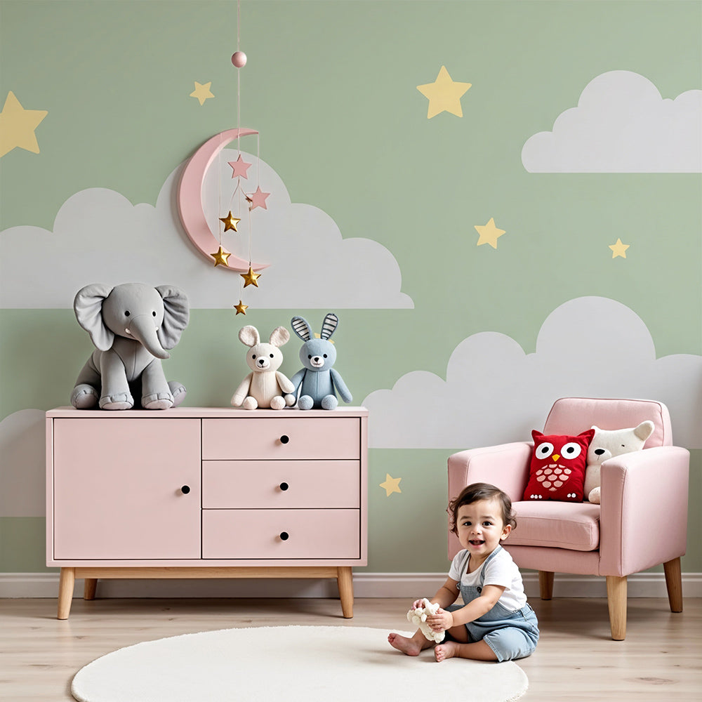 Kids-Mundo sage green cloud and star wall mural styled in a calm, gender-neutral nursery