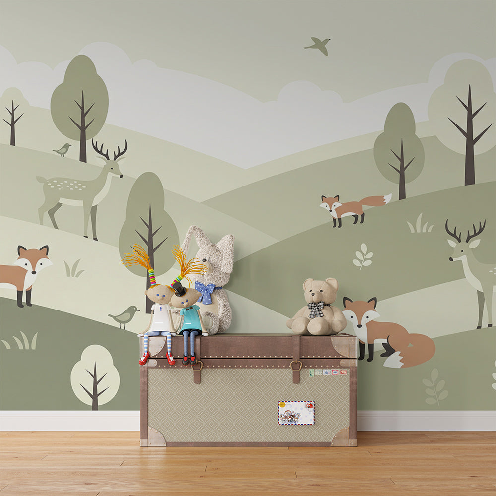 Kids-Mundo sage green woodland wall mural with fox and deer in a child's bedroom