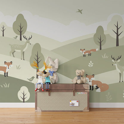 Kids-Mundo sage green woodland wall mural with fox and deer in a child's bedroom