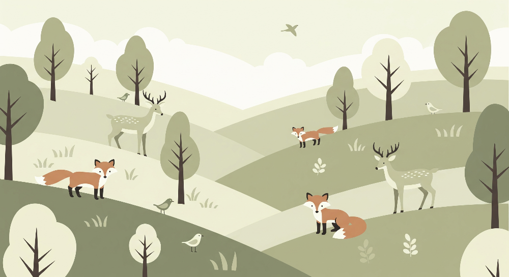 Kids-Mundo flat artwork of a fox and deer sage green woodland wall mural design