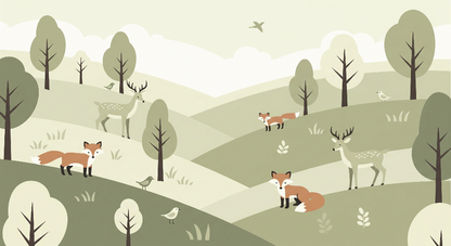 Kids-Mundo flat artwork of a fox and deer sage green woodland wall mural design