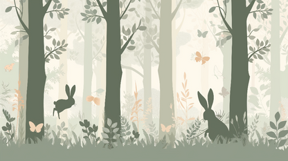 Kids-Mundo flat artwork of sage green tree silhouettes with rabbits and peach butterflies.