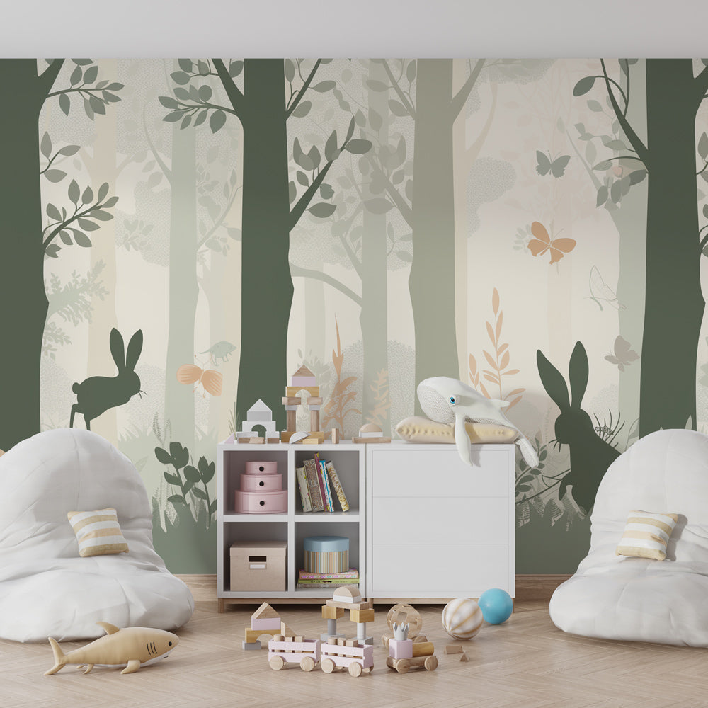Kids-Mundo forest silhouette wall mural bringing a nature theme to a playroom wall.