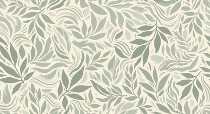 Flat artwork of the Kids-Mundo sage green leaf wall mural pattern on a warm cream background
