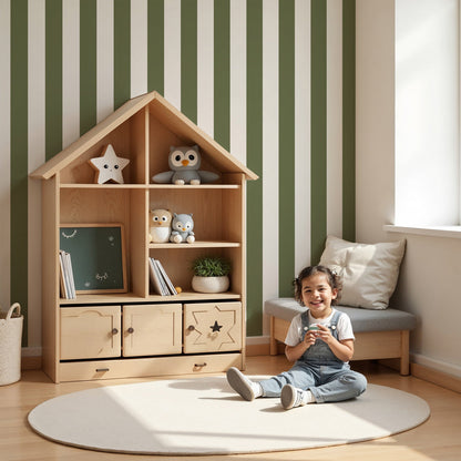 Kids-Mundo sage green stripe wall mural styled behind a cot in a calm, elegant nursery.