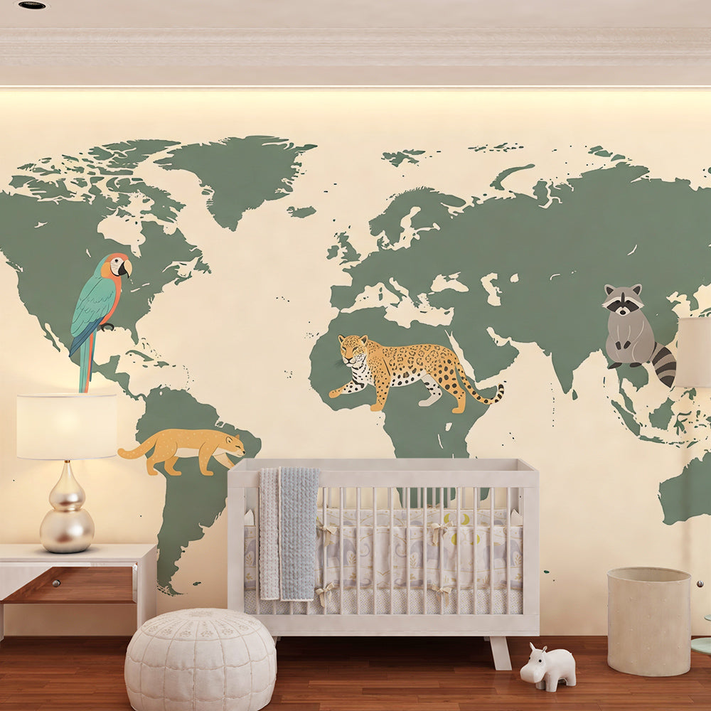 Kids-Mundo cream and green world map mural with raccoon on a child's bedroom wall