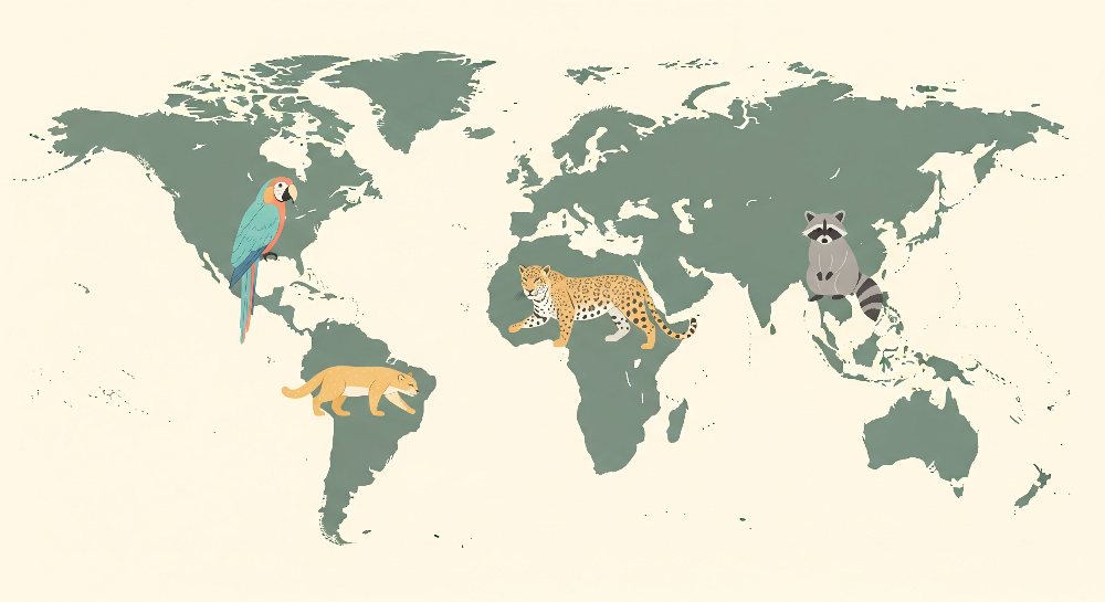 Sage Green World Map with Jungle Animals Wall Mural