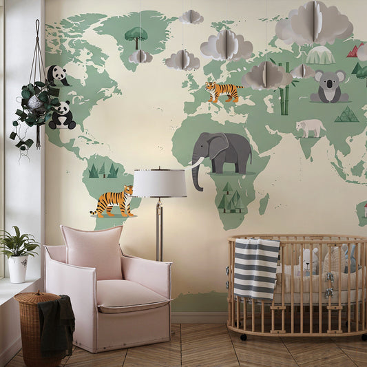 Kids-Mundo sage green world map wall mural covering a wall in a calm, nature-themed kids bedroom