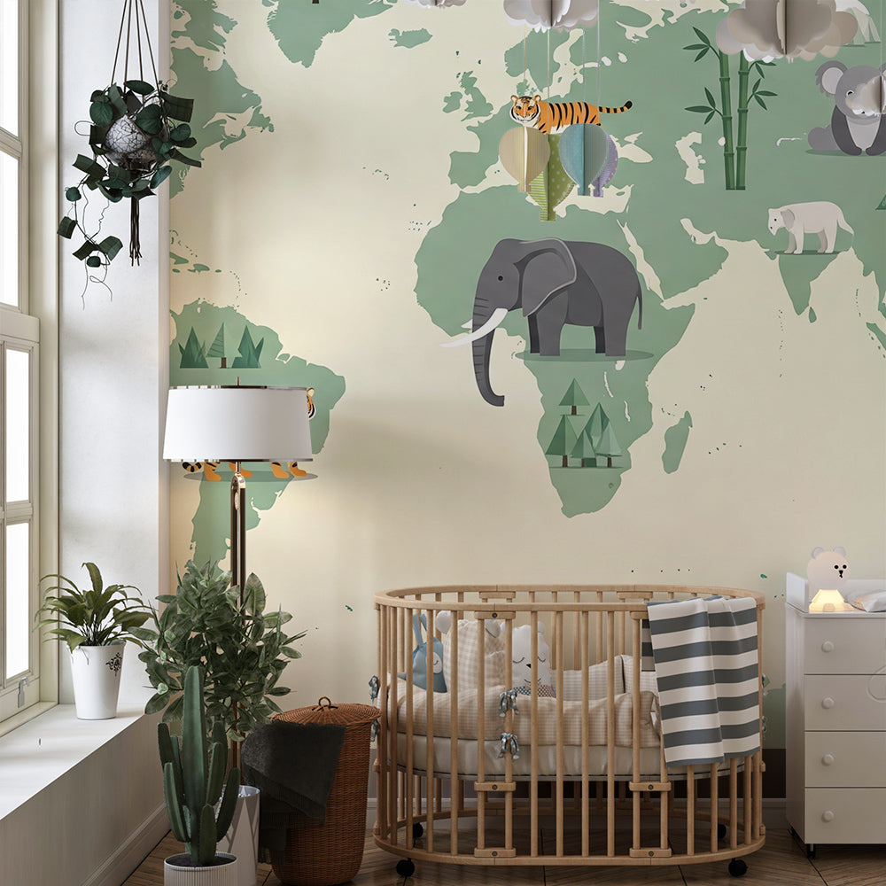 Kids-Mundo sage green world map wall mural with tiger and elephant motifs in a playroom