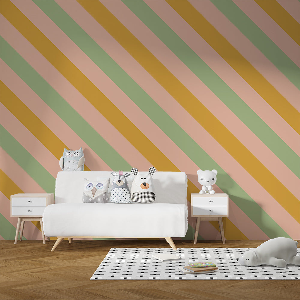 Kids-Mundo diagonal stripe wall mural covering a feature wall in a kids bedroom