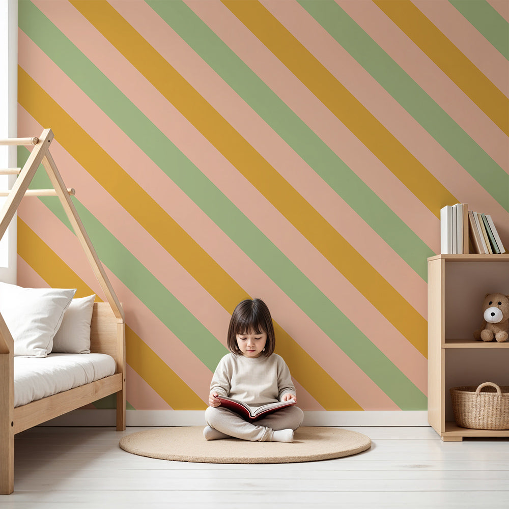Kids-Mundo sage, mustard and blush diagonal stripe wall mural in a cosy nursery
