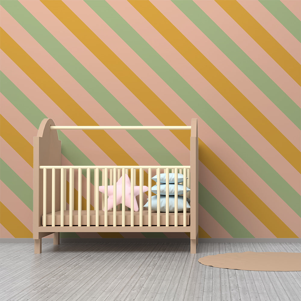 Kids-Mundo pastel diagonal stripe wall mural brightening a warm children's playroom