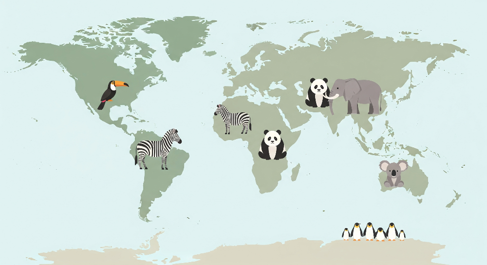 Flat artwork preview of the Kids-Mundo sage green world map mural with safari animals