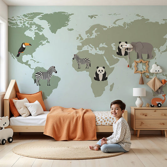 Sage green world map wall mural with toucan and zebra painted in a Kids-Mundo nursery