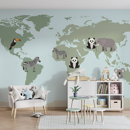 Playroom wall styled with the Kids-Mundo sage green animal world map mural
