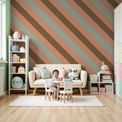 Kids-Mundo sage, terracotta and brown diagonal stripe wall mural in a warm nursery