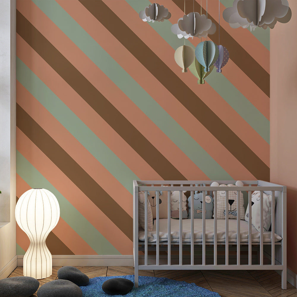 Kids-Mundo sage, terracotta and brown stripe wall mural styled in a cosy playroom