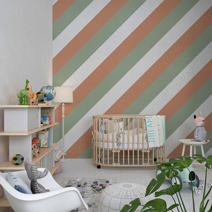Kids-Mundo green and terracotta stripe wallpaper mural styled in a kids' bedroom