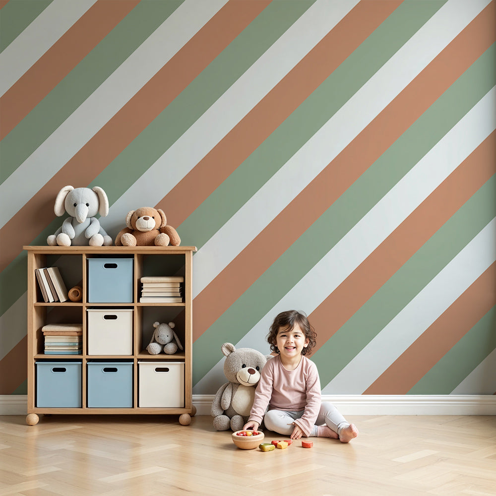 Kids-Mundo sage green and terracotta diagonal stripe wall mural in a bright nursery