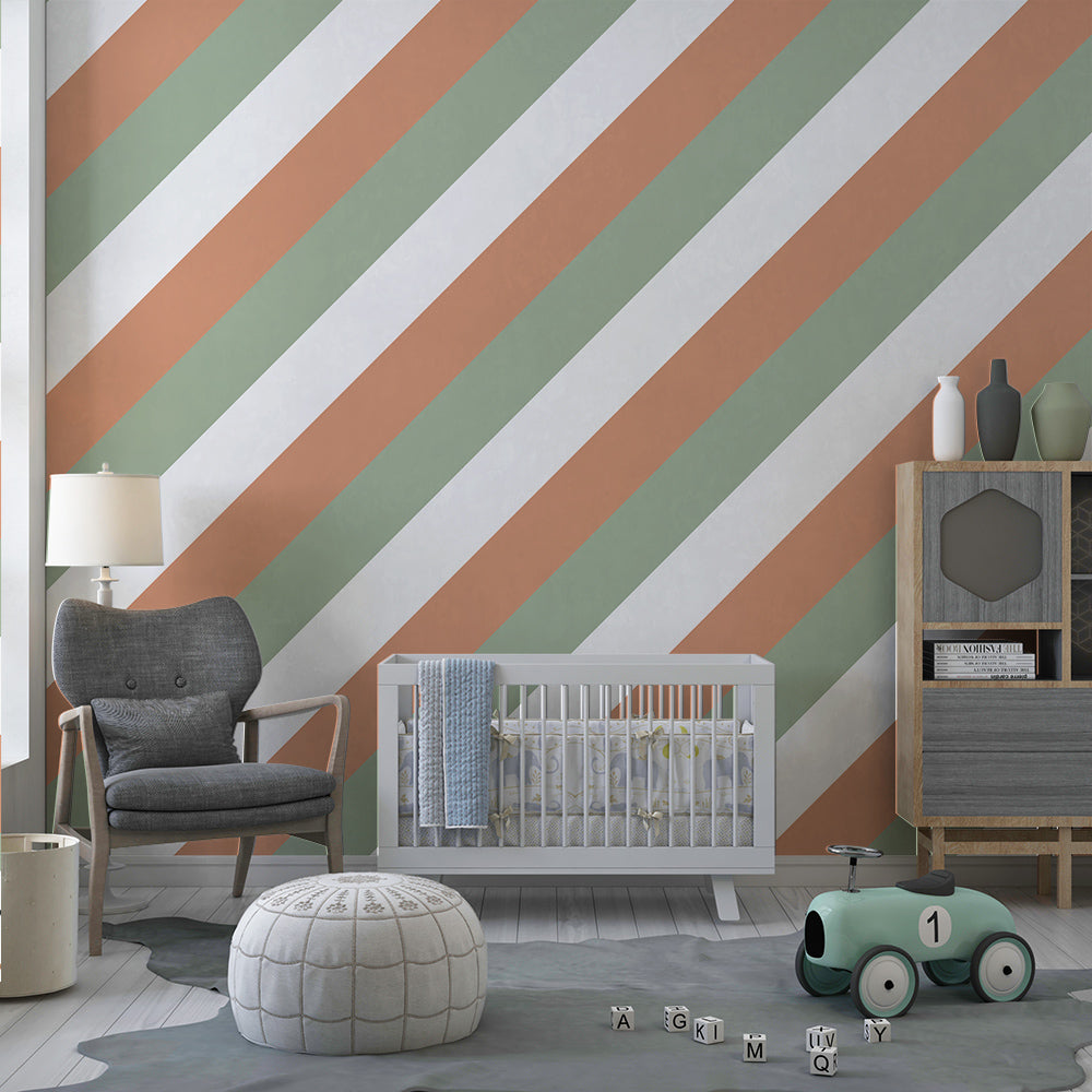 Kids-Mundo sage and terracotta diagonal stripe wall mural shown in a fun playroom