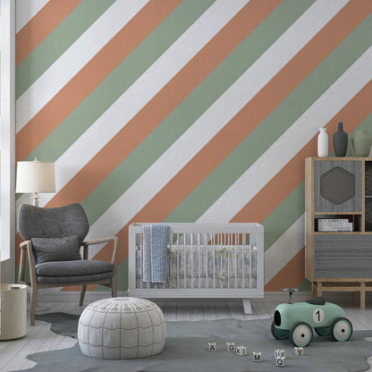Kids-Mundo sage and terracotta diagonal stripe wall mural shown in a fun playroom
