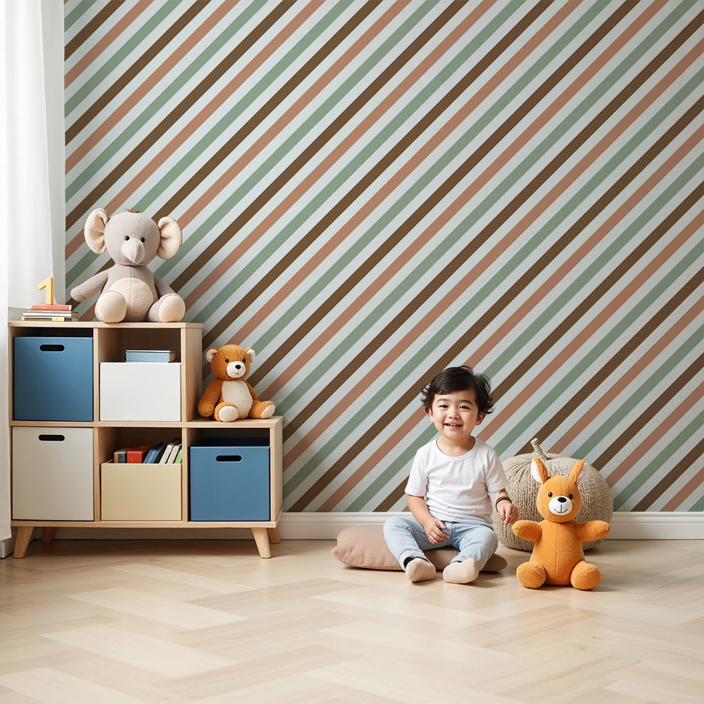 Kids-Mundo fine sage, terracotta and brown pinstripe wall mural in a soft nursery