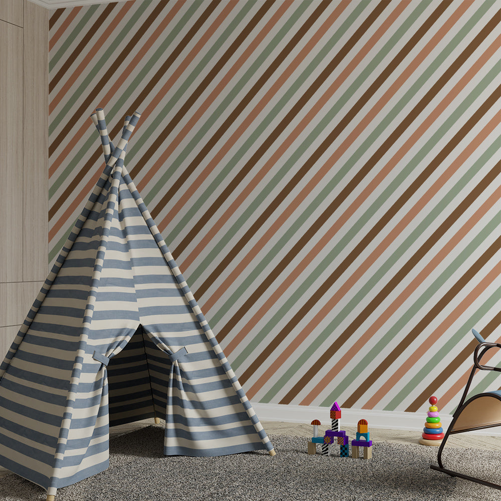 Kids-Mundo fine diagonal pinstripe wall mural shown in a bright playroom
