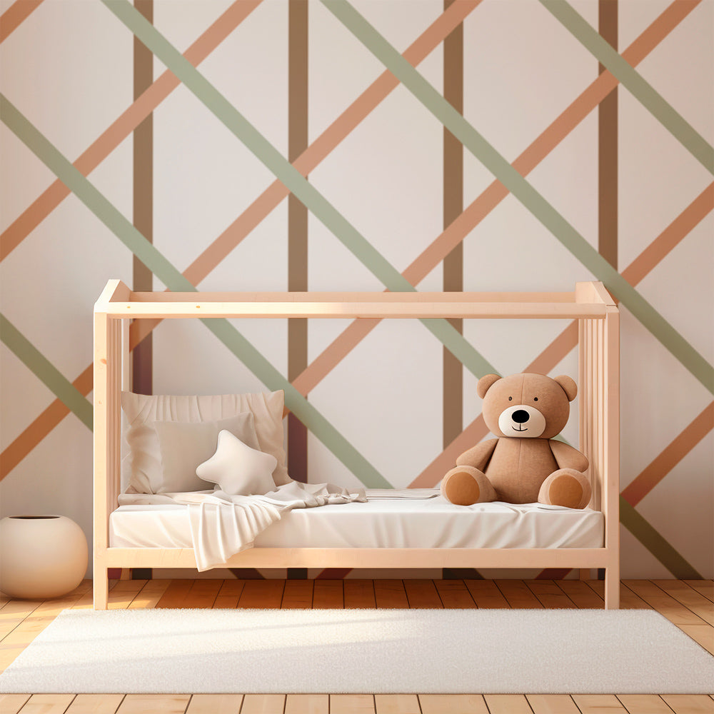 Kids-Mundo geometric trellis wallpaper mural in sage, terracotta and brown for a kids' bedroom