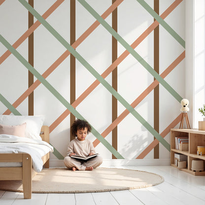 Kids-Mundo sage green and terracotta trellis wall mural styled in a soft nursery