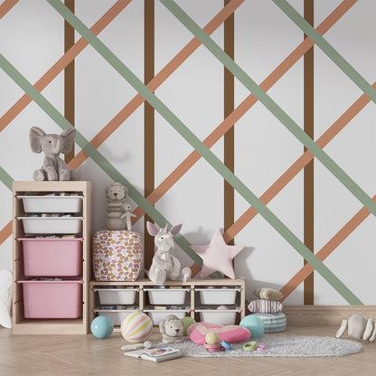 Kids-Mundo terracotta and sage trellis pattern wall mural shown in a bright playroom