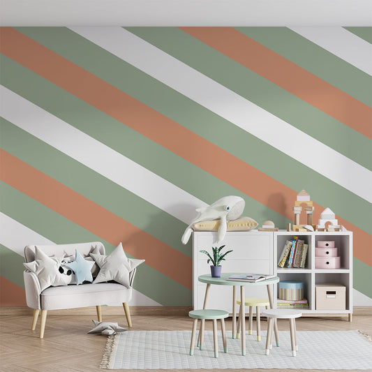 Kids-Mundo terracotta diagonal stripe wall mural on a feature wall in a warm kids bedroom