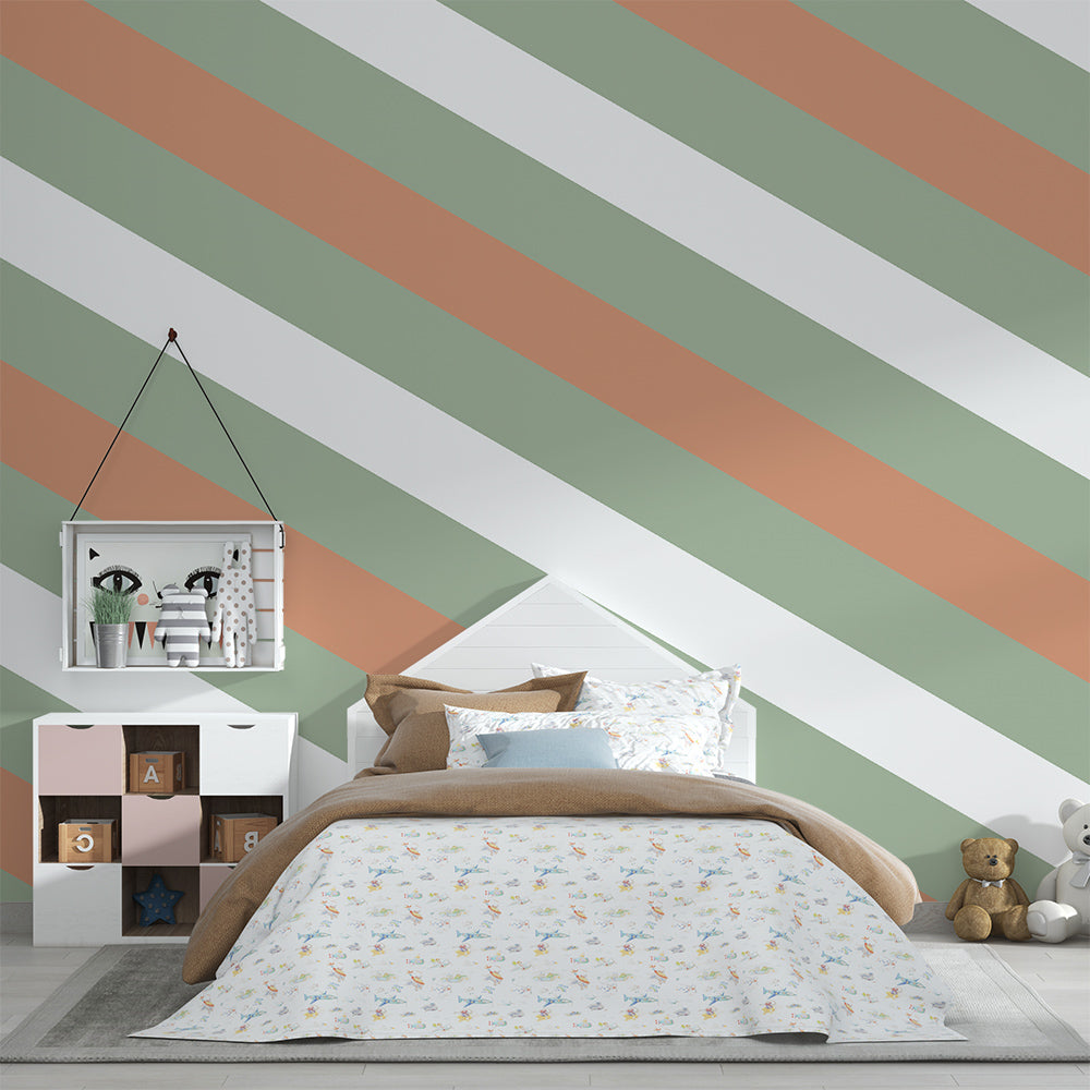 Kids-Mundo sage and terracotta stripe wall mural bringing warmth to a children's playroom