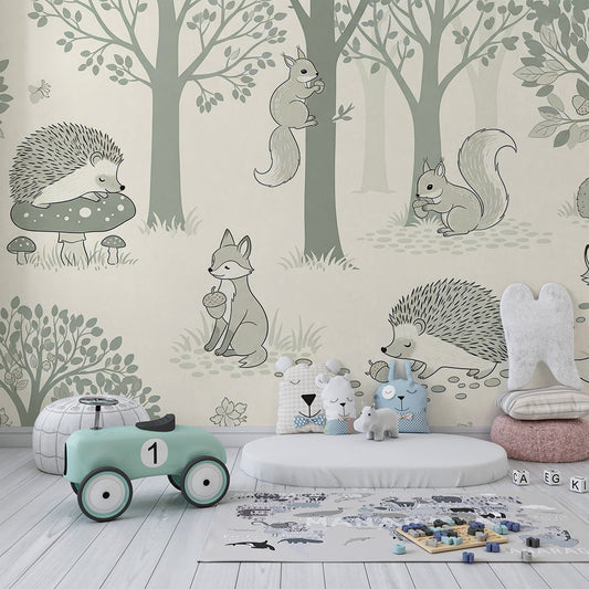 Kids-Mundo sage woodland fox and hedgehog mural styled on a wall in a kids bedroom