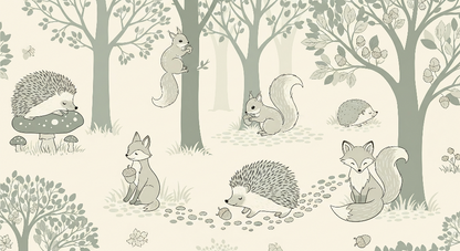 Kids-Mundo flat artwork preview of the sage green woodland wall mural with hedgehog, squirrel and fox