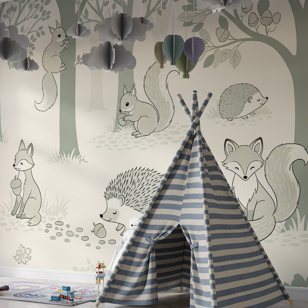 Kids-Mundo hedgehog and fox woodland mural brightening a child's playroom feature wall