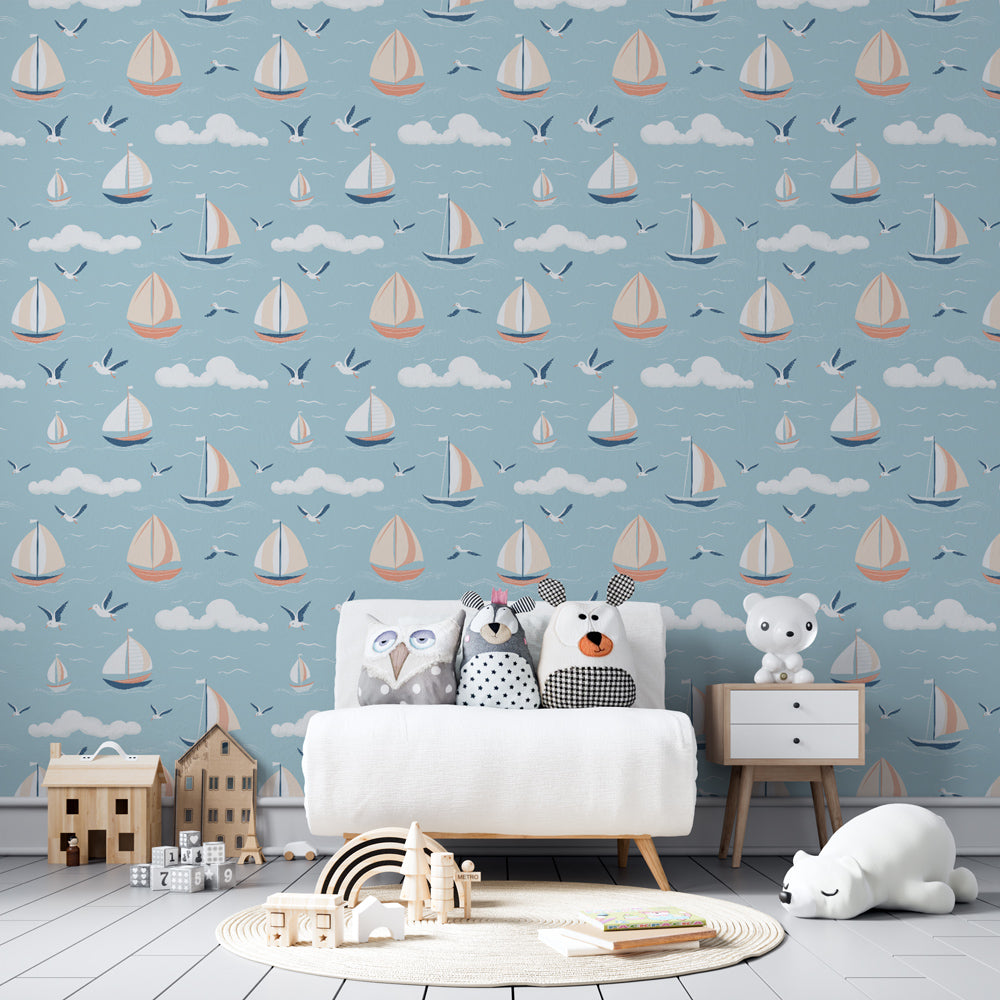 Children's sailboat wallpaper transforming kids bedroom into nautical adventure space by Kids-Mundo