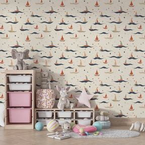 Ocean waves sailboat wallpaper creating nautical themed children's bedroom decor