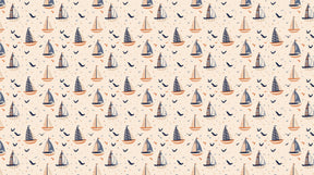Detailed sailboat and seabirds mural wallpaper design pattern on beige background by Kids-Mundo