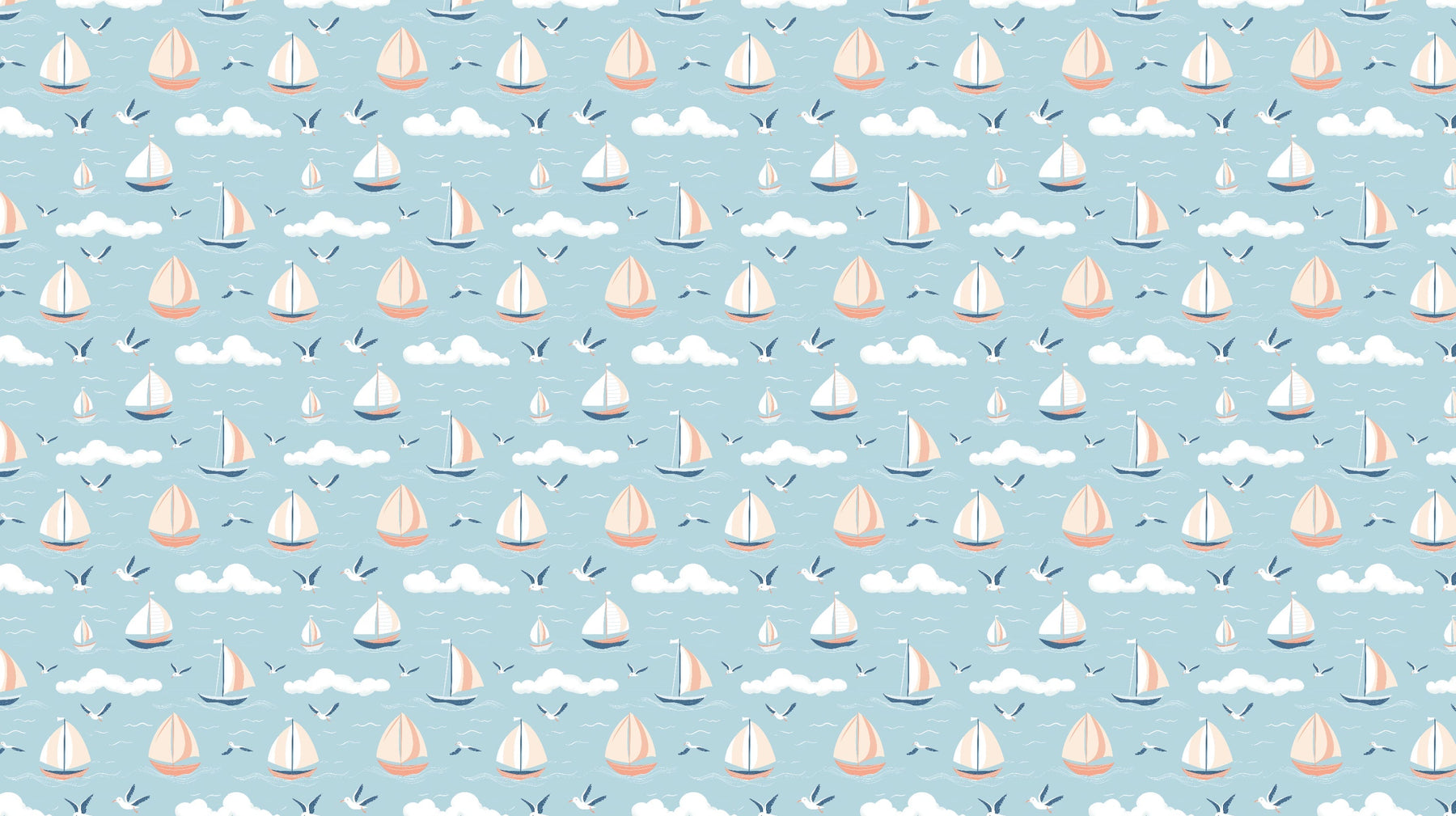 Detailed sailboat mural wallpaper design pattern with boats and seagulls on blue sky by Kids-Mundo