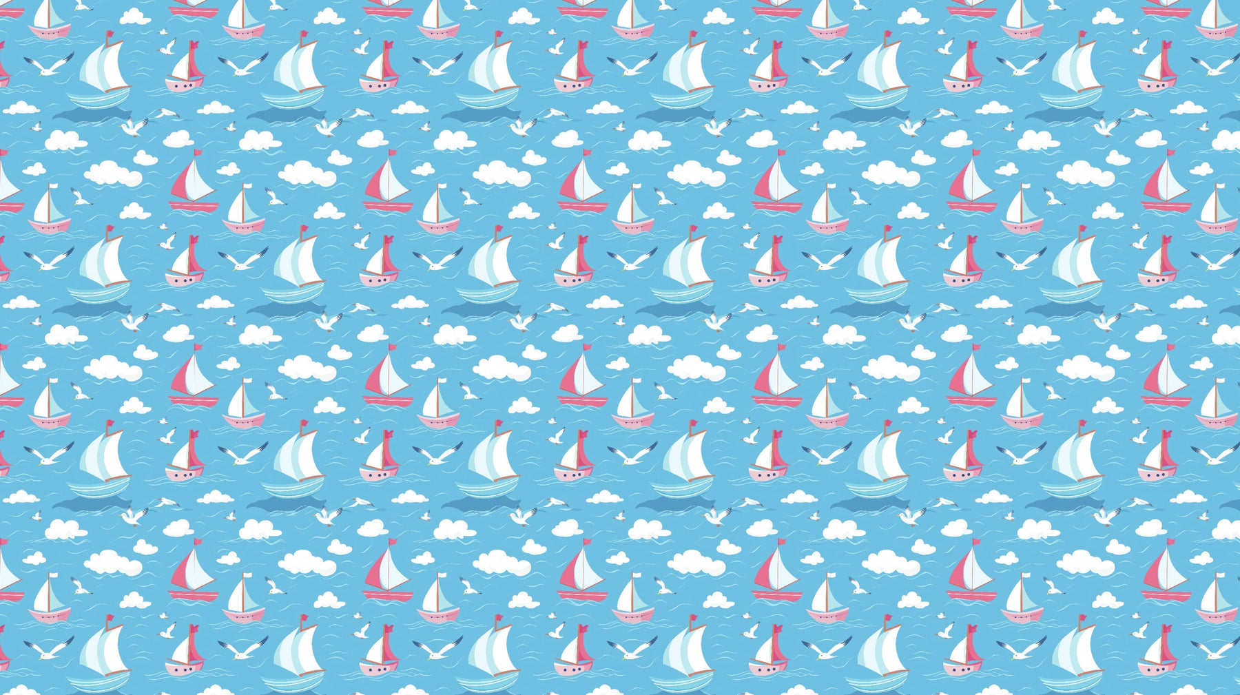 Detailed sailboat mural wallpaper design pattern featuring colorful boats, clouds and seagulls by Kids-Mundo