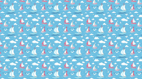 Detailed sailboat mural wallpaper design pattern featuring colorful boats, clouds and seagulls by Kids-Mundo
