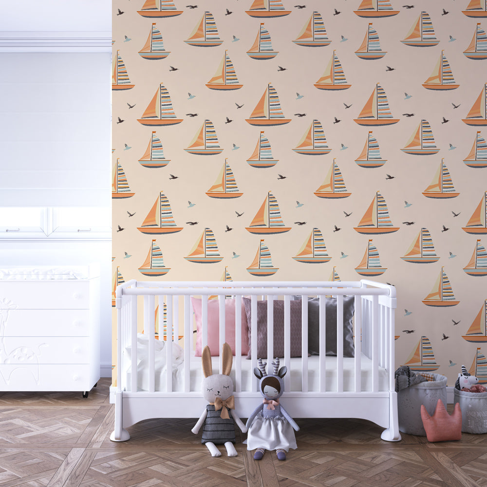 Nautical sailboat mural wallpaper with birds creating calming kids room atmosphere