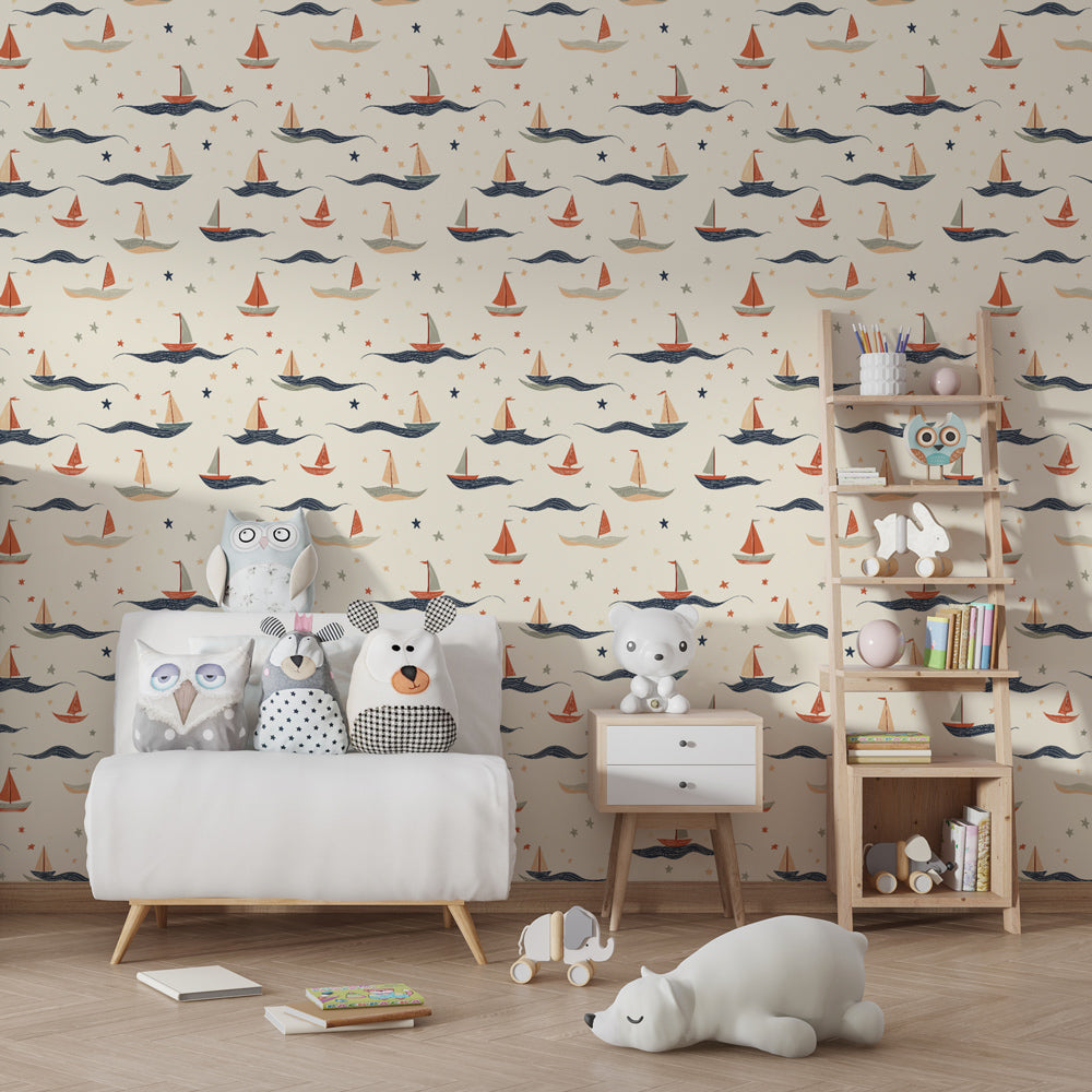 Maritime sailboat mural wallpaper for kids room with gentle wave patterns and stars