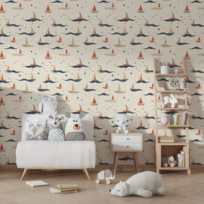 Maritime sailboat mural wallpaper for kids room with gentle wave patterns and stars